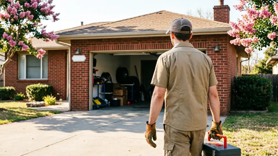 A technician walks toward an open garage door with a toolbox.