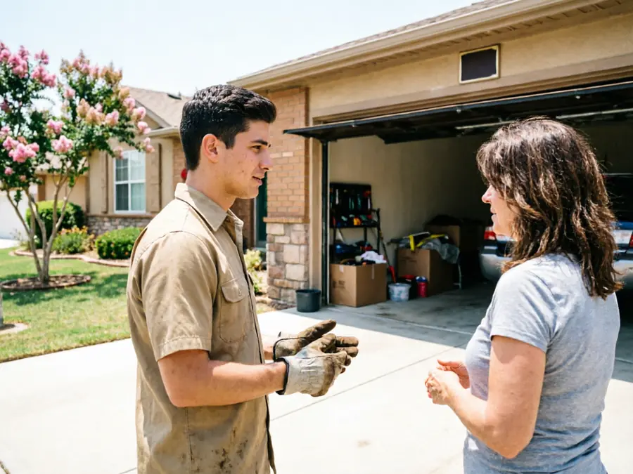 A technician in a tan shirt talks to a woman in a gray shirt.