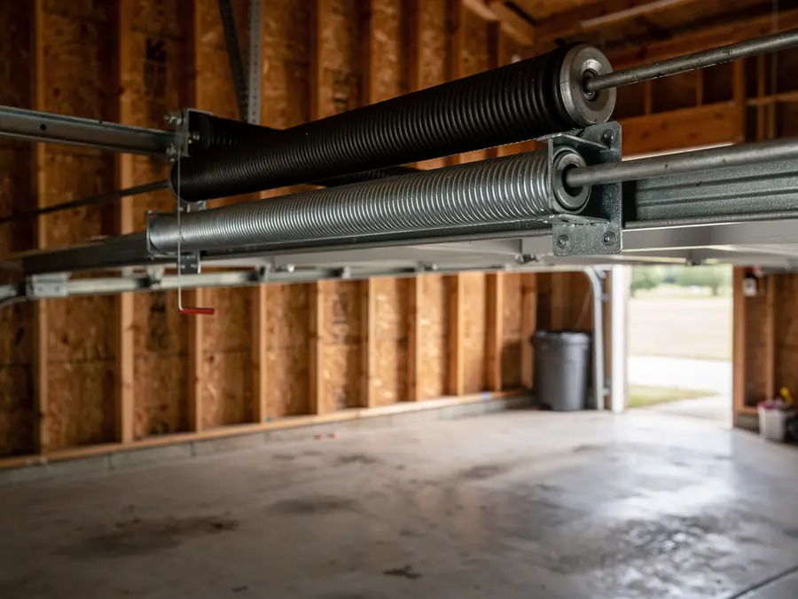 Two garage door torsion springs are mounted above an open garage door.