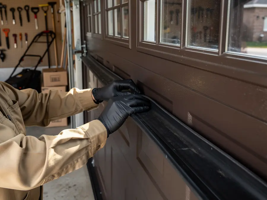 A technician wearing black gloves works on a brown garage door.