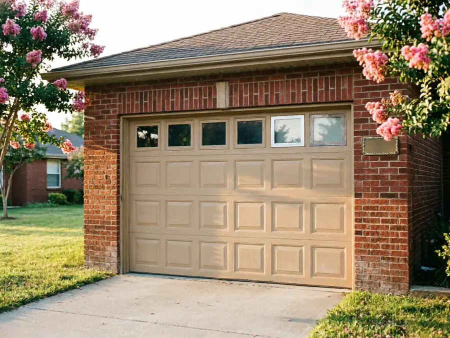 A tan garage door with windows is set in a red brick house.