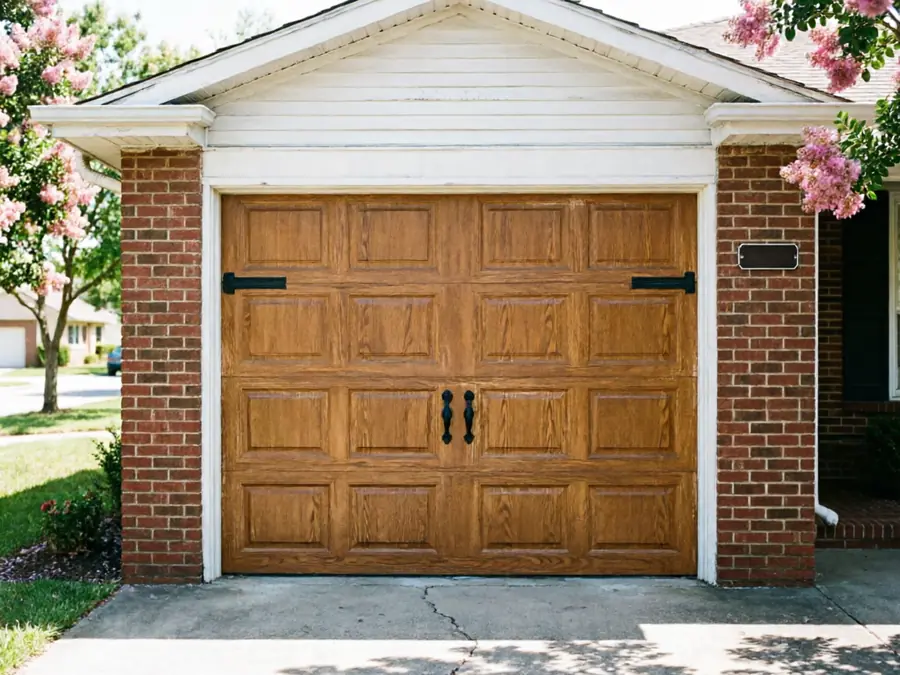 A brown wood-look garage door with black hardware is set in a brick house.